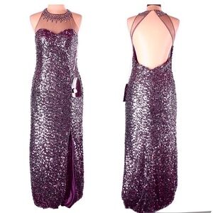 NWT Kasey J Dusty Purple Sequin High Mesh Illusion Rhinestone Neck Gown Size 12